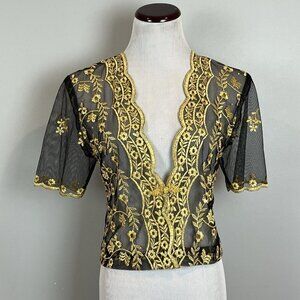 Black and Gold Bolero Pankou Frog Button Sheer Mesh Size Small Short Sleeve